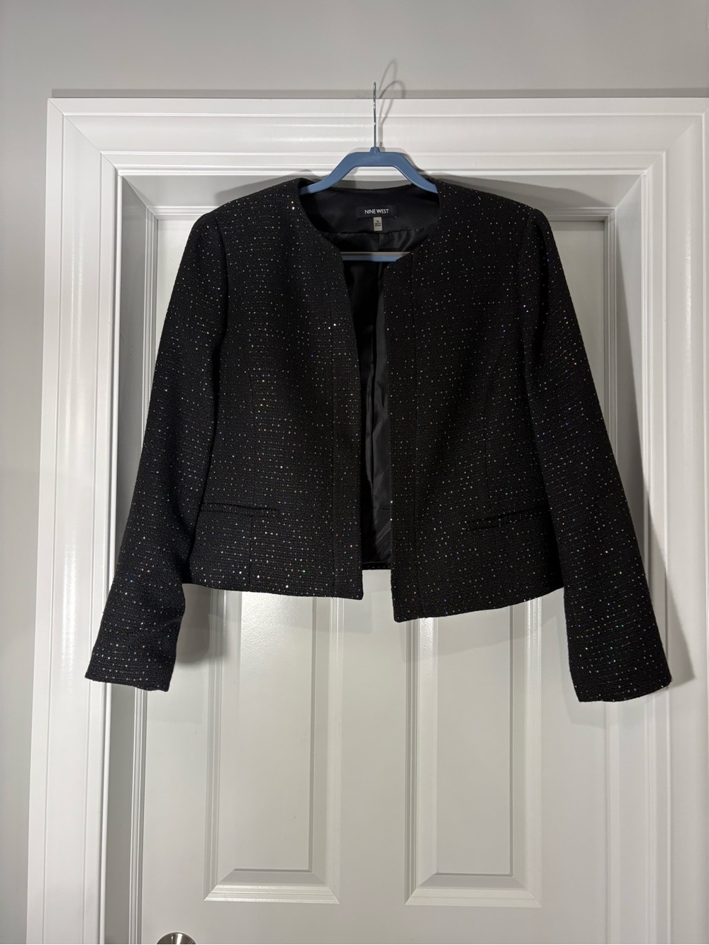 Nine West Cropped Black Sparkle Collarless Jacket